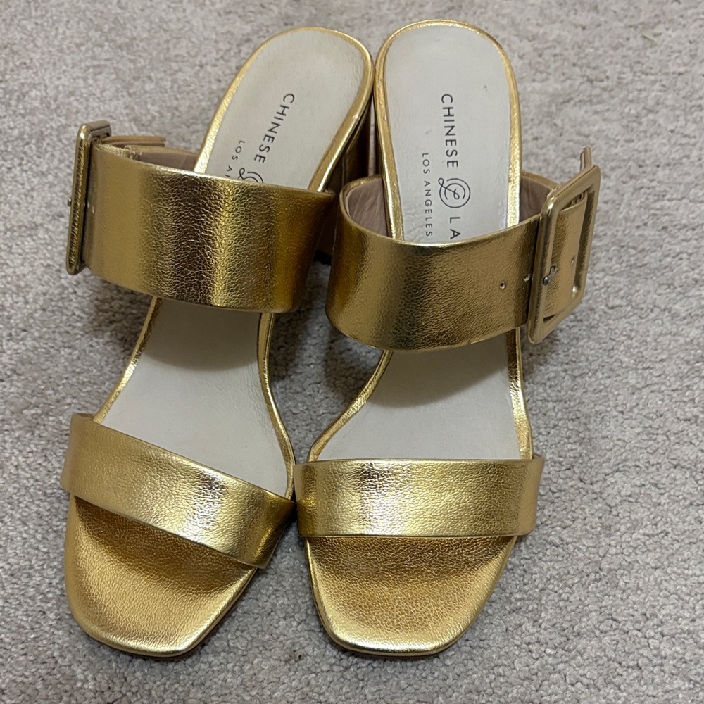 Chinese Laundry Metallic Gold Double-Strap Buckle Heels